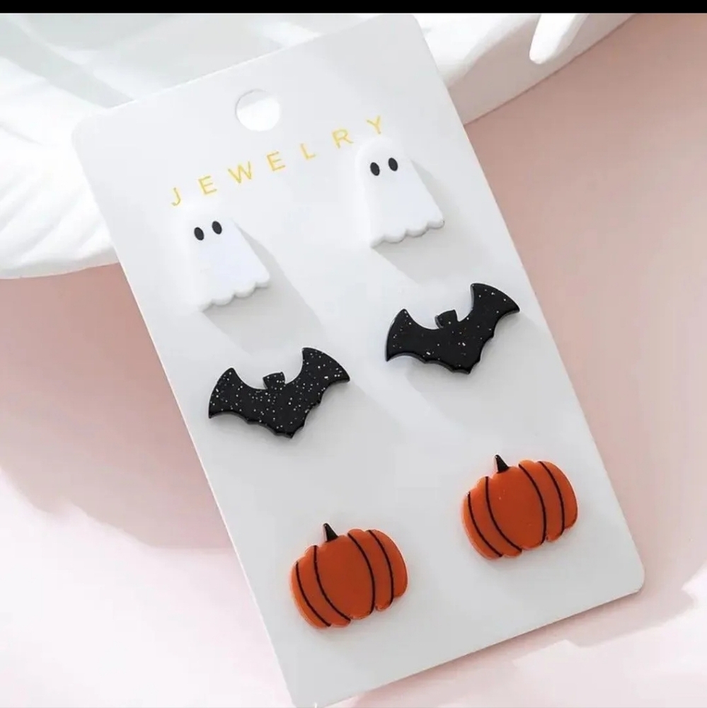 3 Pairs Halloween Bat Pumpkin Ghost Earrings